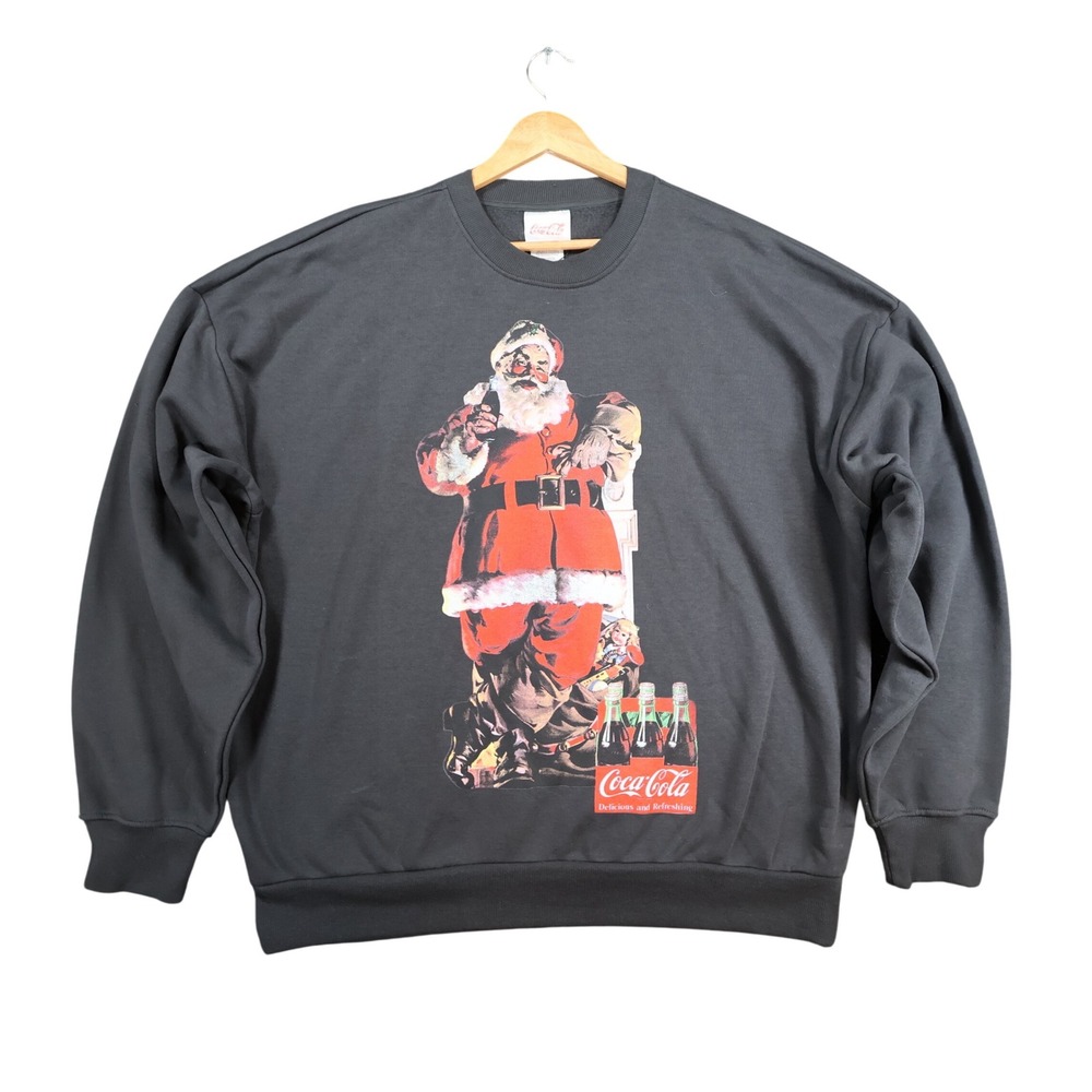 Coca-Cola‎ Sweatshirt Mens Large Black Cotton Blend Graphic Santa Claus Holiday